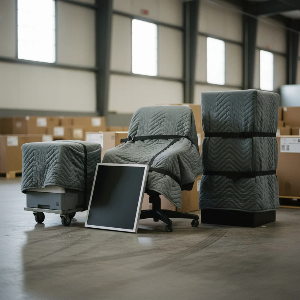 Protected and secured office equipment prepared for moving