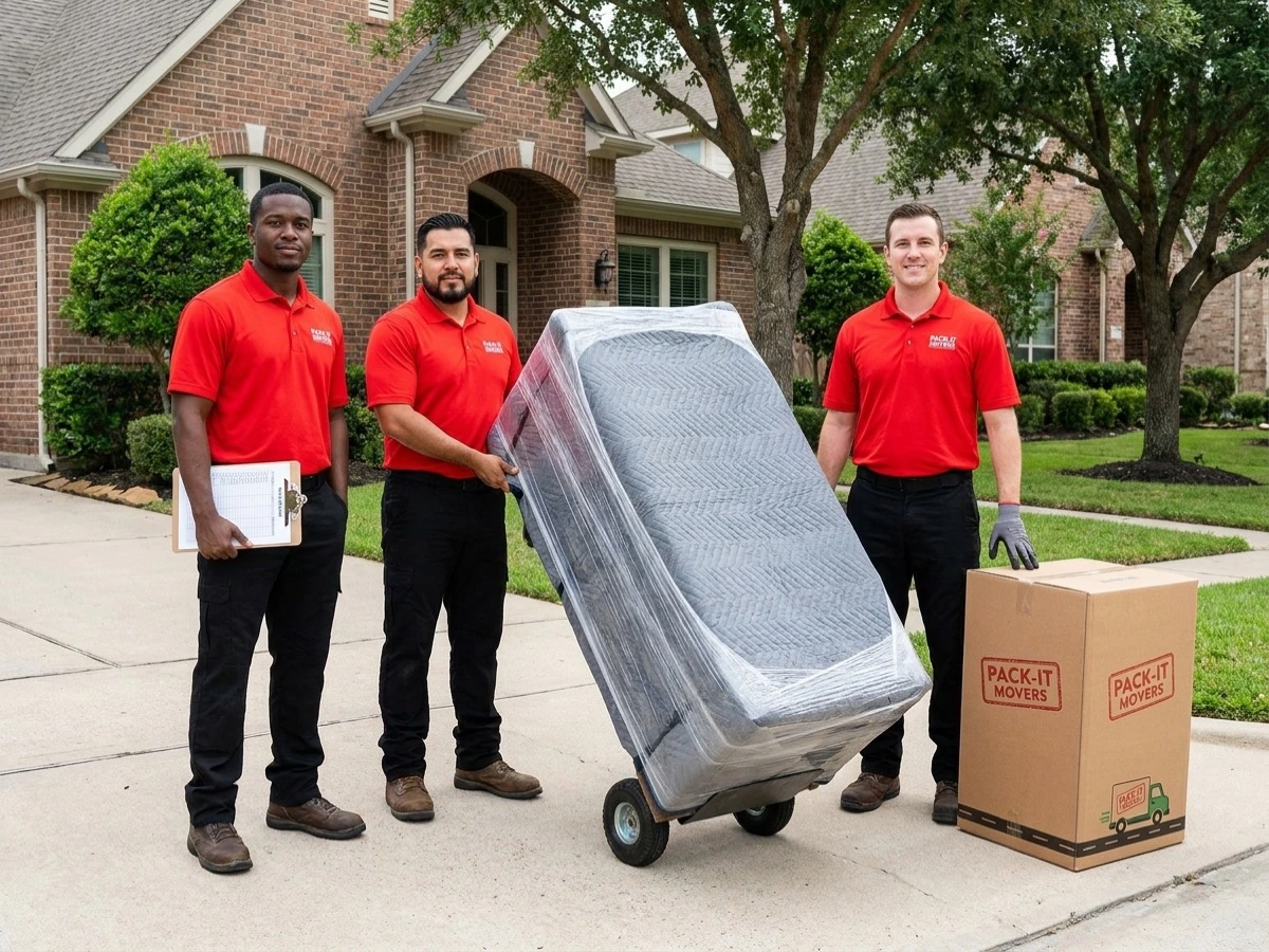 Pack-It Movers professional crew at a Houston home next to the company truck